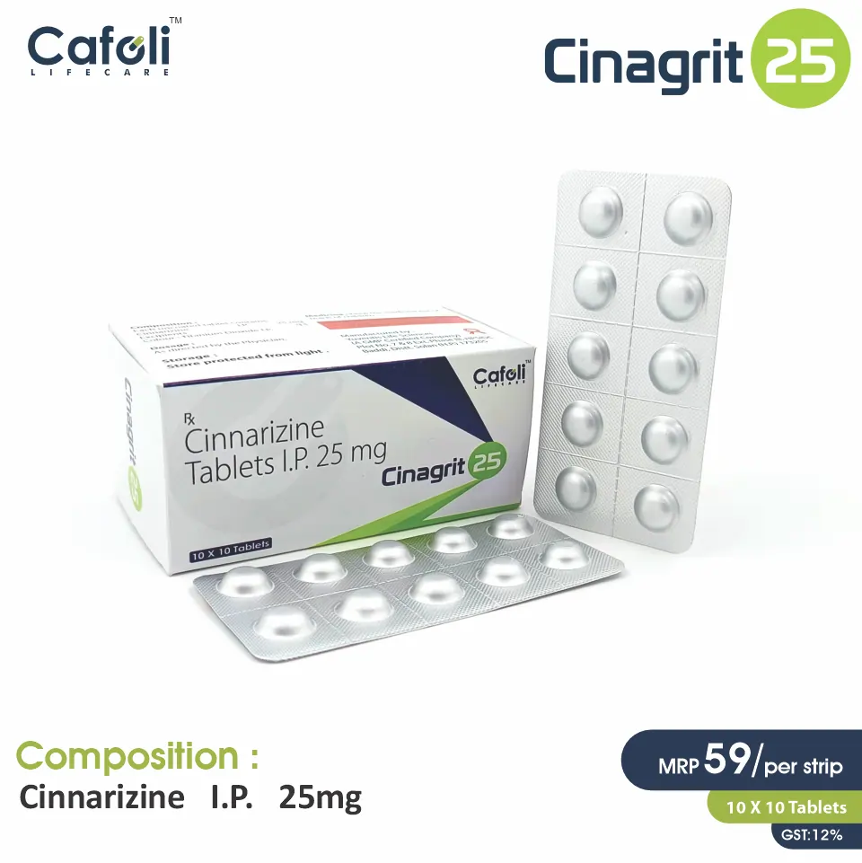 Cinnarizine 25mg Tablet at Best Price in PCD Pharma Franchise for Motion Sickness, Vertigo, and Antihistamine Support.